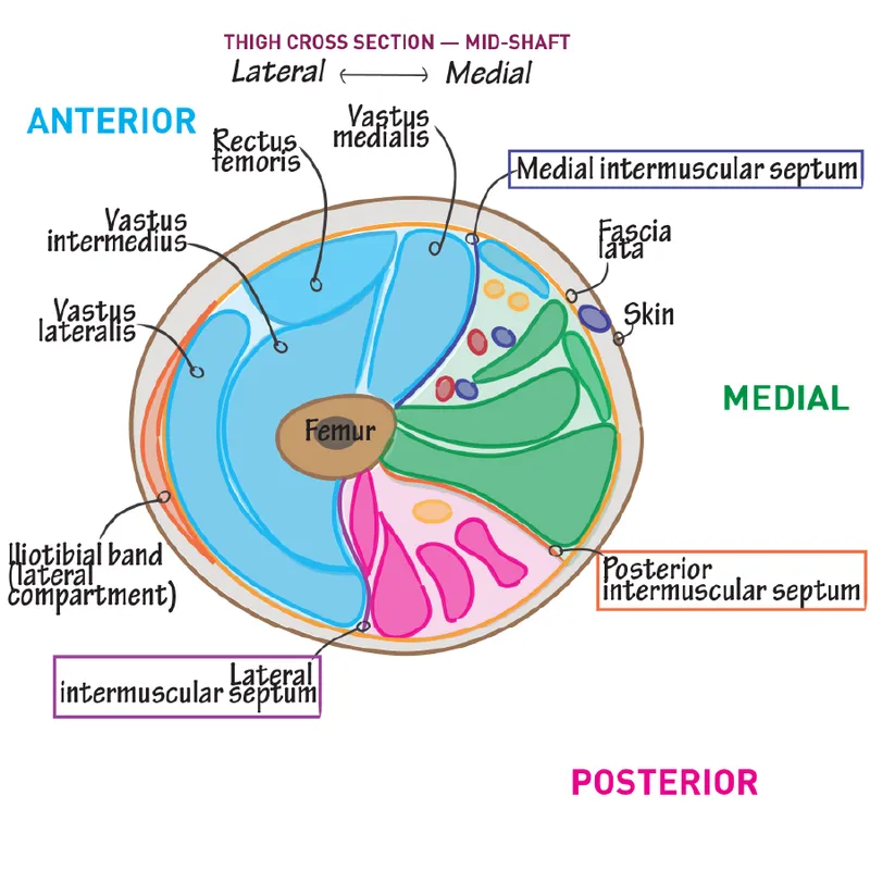 Thigh cross-section showing fascial compartments