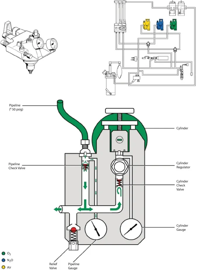 Anesthesia machine gas supply: pipeline & cylinder inlets