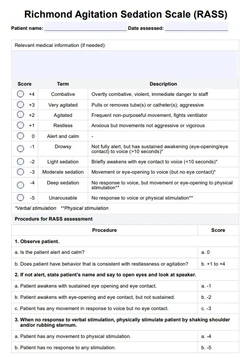 RASS Chart for Sedation Assessment