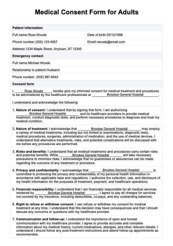 Medical Consent Form for Adults