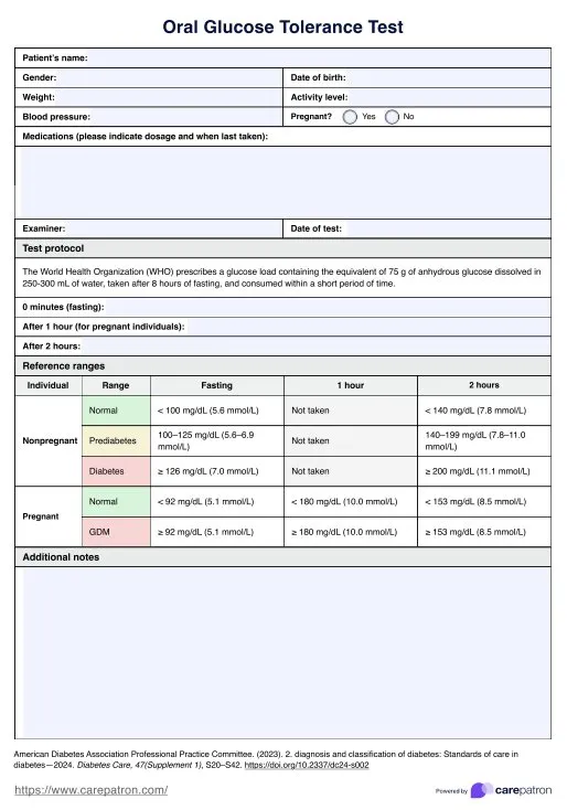 Oral Glucose Tolerance Test Form