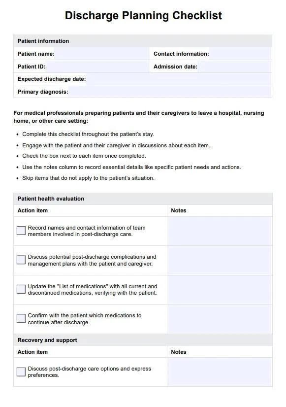 Hospital Discharge Planning Checklist