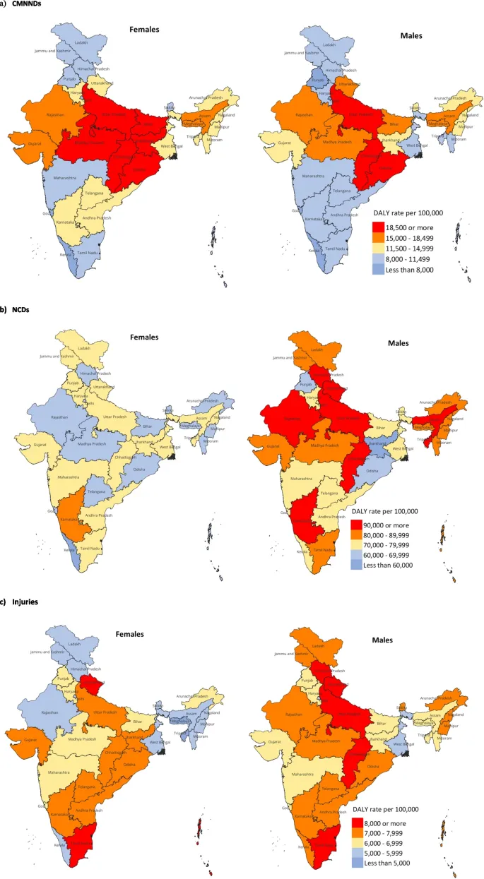 DALY rates for CMNNDs, NCDs, and Injuries in India by state