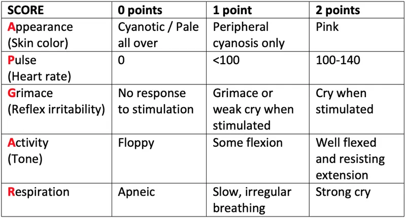 APGAR Scoring Table for Newborn Assessment