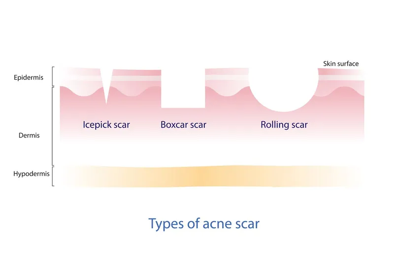 Types of acne scars: icepick, boxcar, and rolling