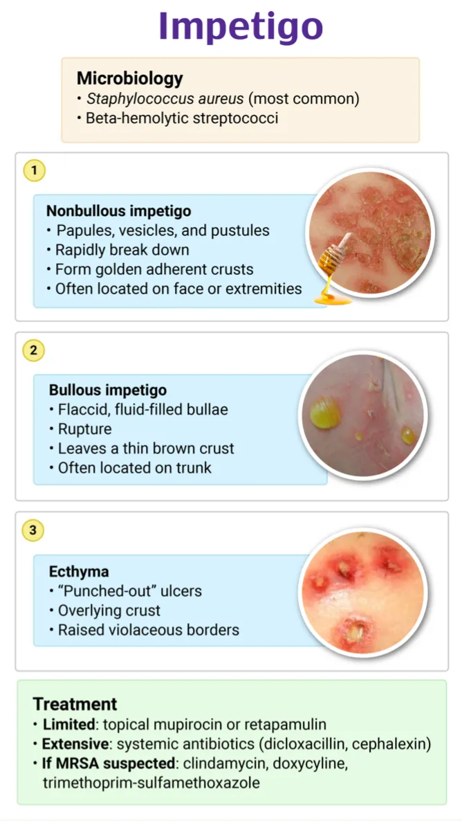 Impetigo types: nonbullous, bullous, ecthyma