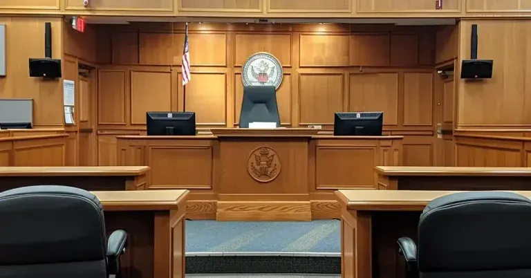Empty courtroom with judge's bench and witness stand