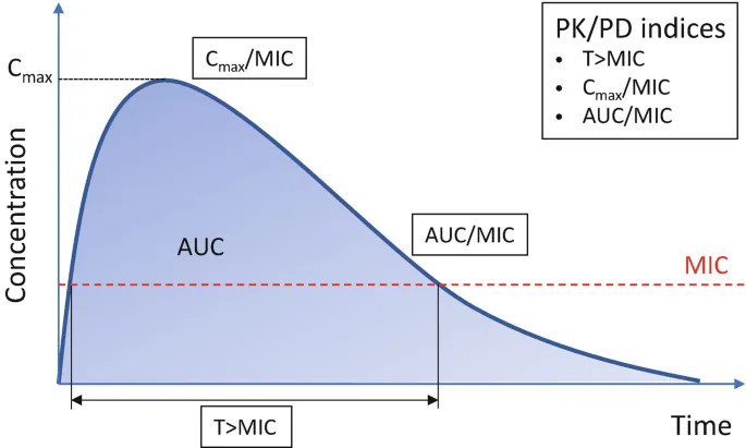 PK/PD indices: T>MIC, Cmax/MIC, AUC/MIC relationships