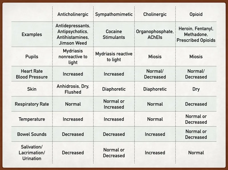 Toxidrome Comparison: Cholinergic vs. Anticholinergic