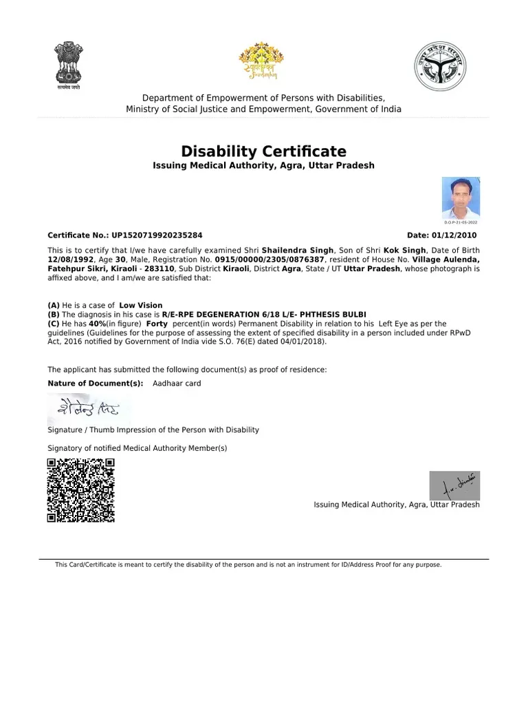 Indian Visual Impairment Disability Certificate