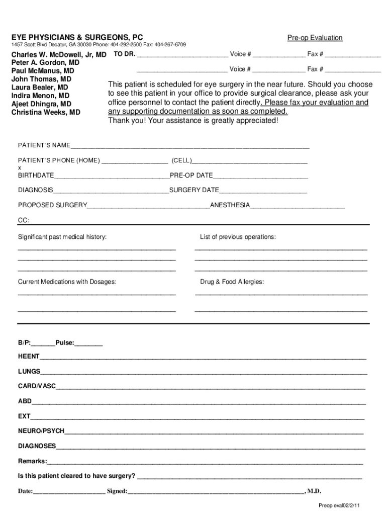 Ophthalmic Patient Pre-operative Evaluation Form