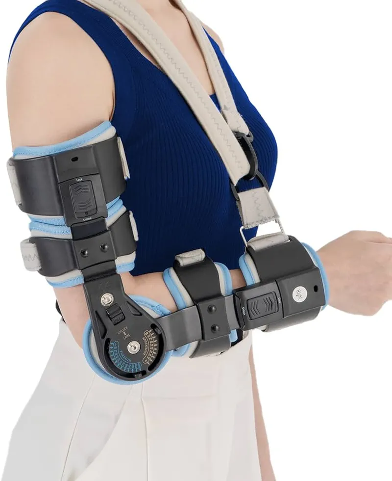 Hinged elbow brace on arm