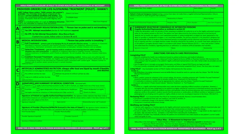 POLST form for CPR, medical interventions, and nutrition
