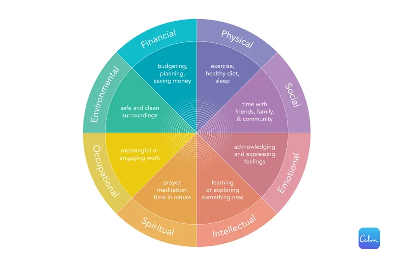 Self-care wheel with 8 dimensions of wellness