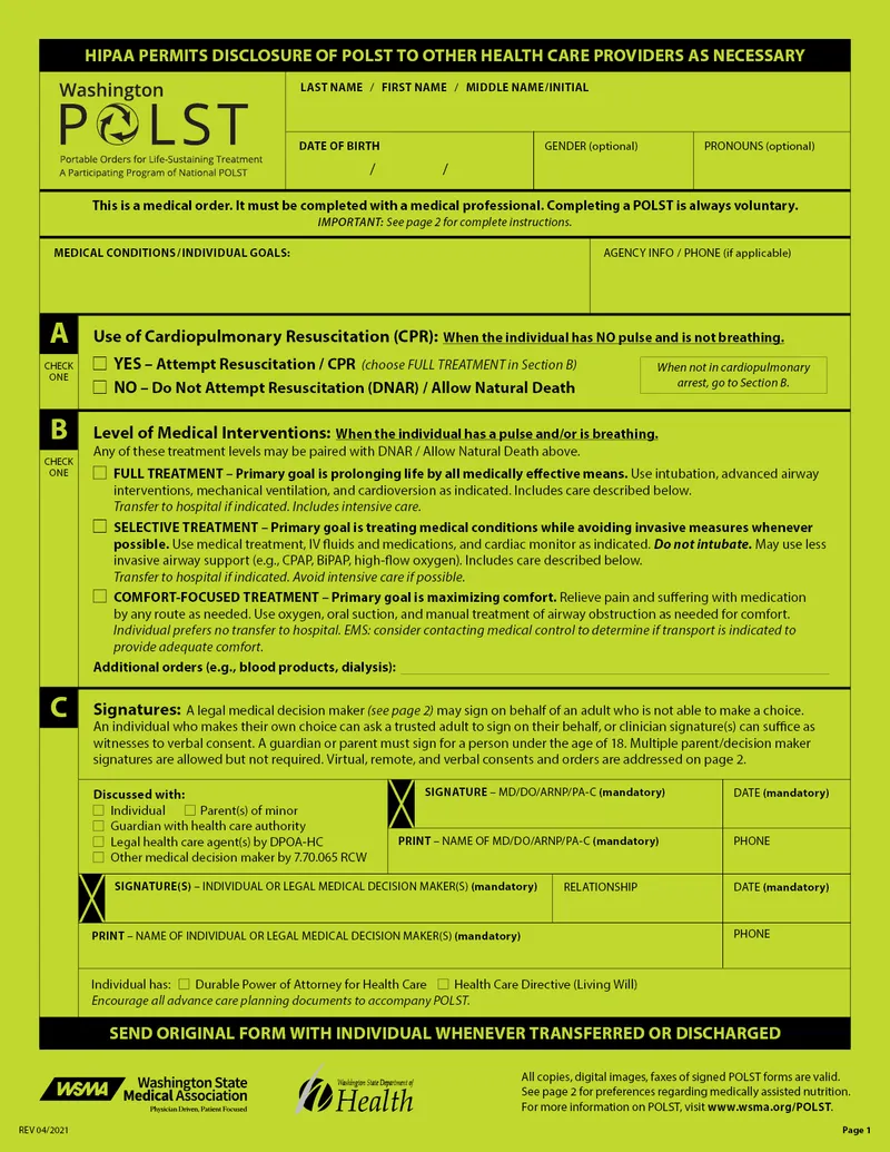 Washington POLST Form Example