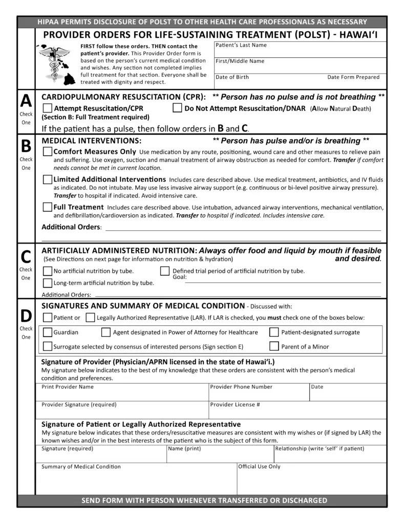 Blank POLST Form (Hawaii) with Sections A, B, and C