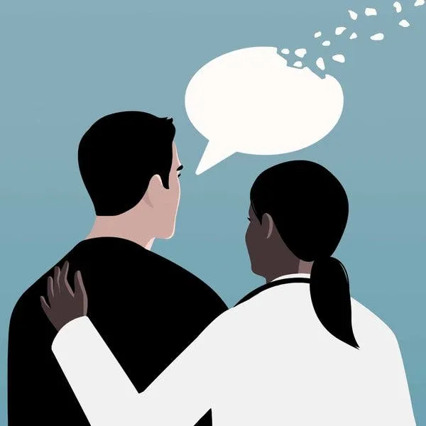 Doctor and patient with broken speech bubble