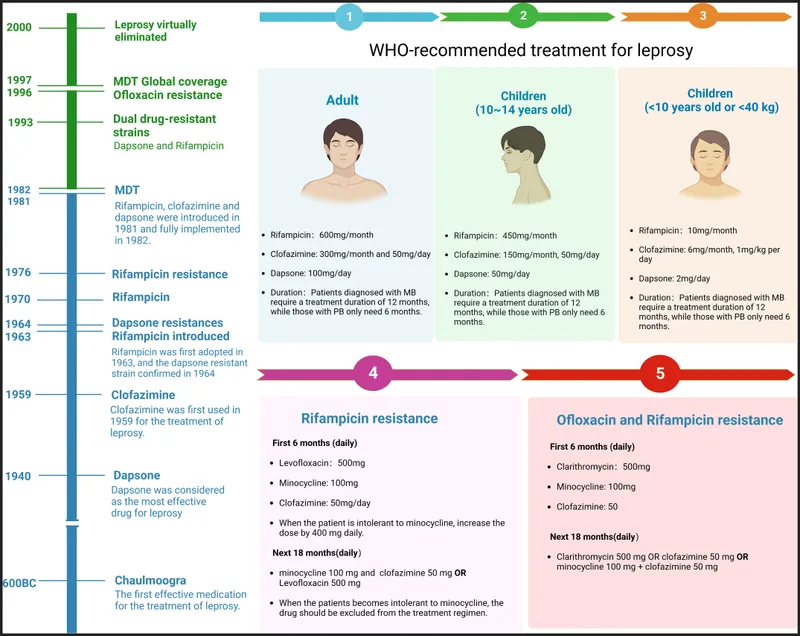 WHO-recommended leprosy treatment and resistance timeline