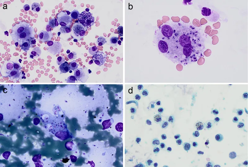Leishmania amastigotes in macrophages, Giemsa stain