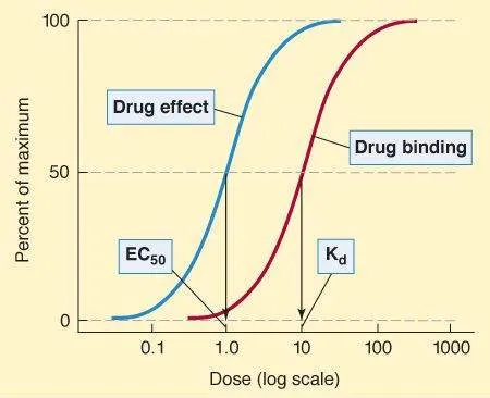 Drug binding and effect vs. dose (log scale)
