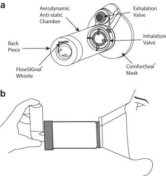 Valved holding chamber with mask components and use