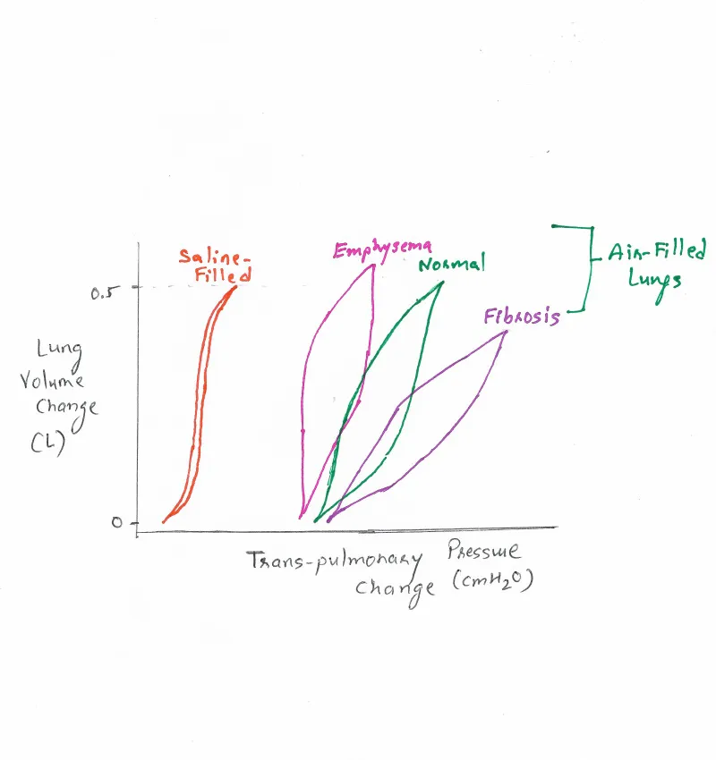 Pressure-volume loops: normal, emphysema, fibrosis