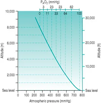 Atmospheric Pressure and PAO2 vs. Altitude