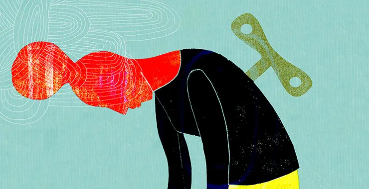 Caregiver burnout: wind-up key in back of exhausted person