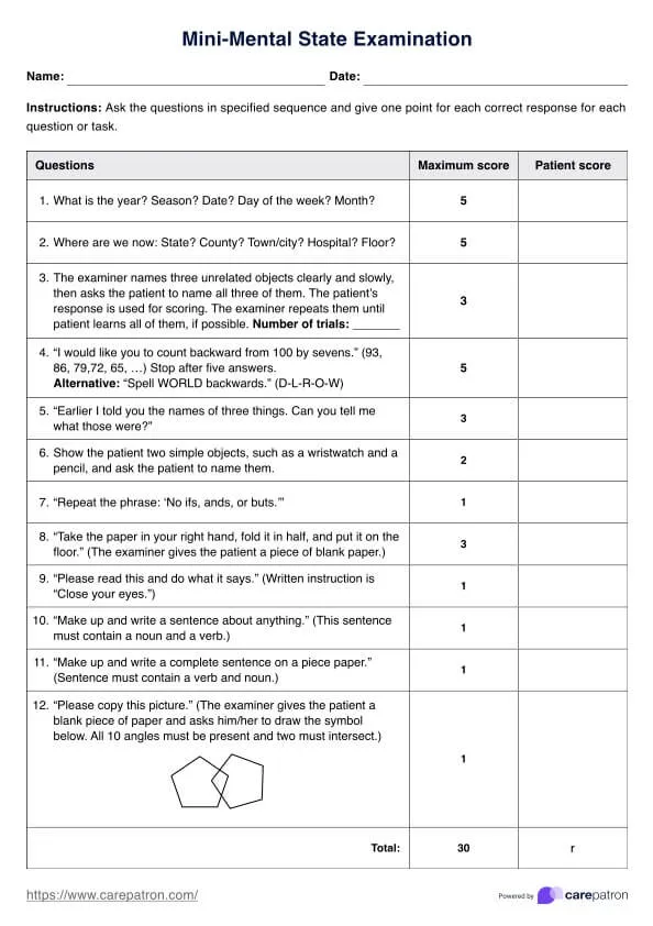Mini-Mental State Examination (MMSE) Sample Form