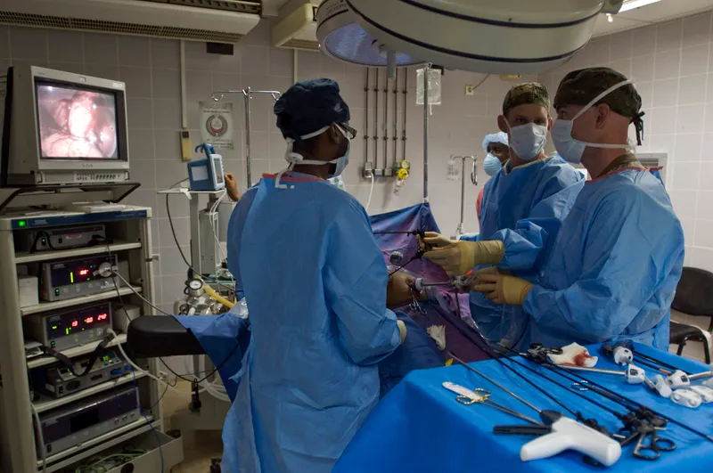 Surgical team performing laparoscopy