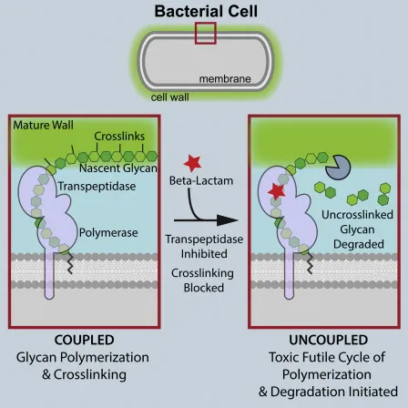 Bacterial cell wall structure showing peptidoglycan layers and beta-lactam targets