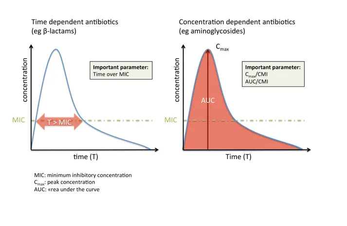 Pharmacokinetic curves showing time-dependent vs concentration-dependent killing