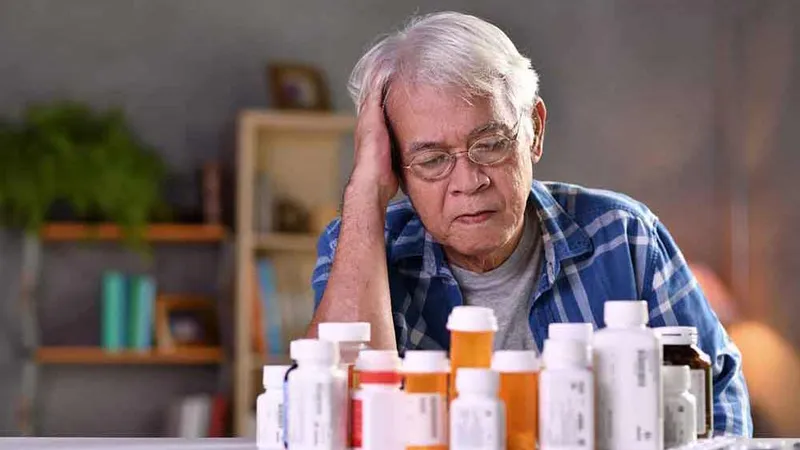 Figure 1: Pill burden photograph showing multiple medication bottles and blister packs representing polypharmacy