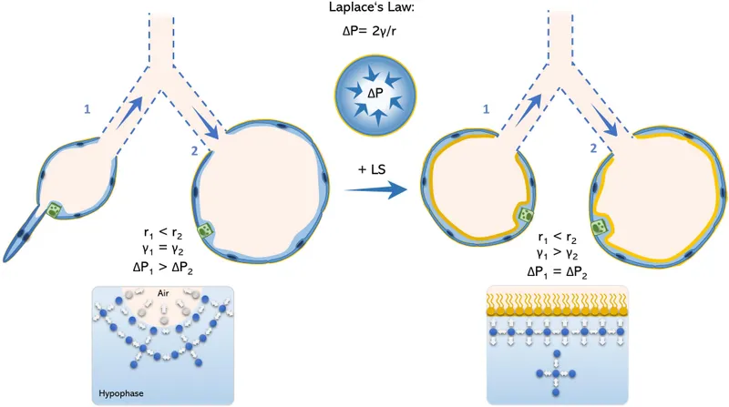 Microscopic view of alveolar surface tension and surfactant interaction