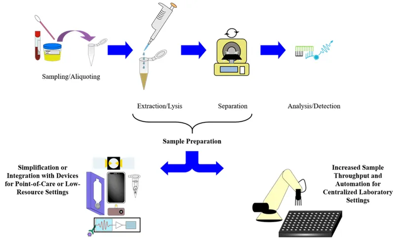 Molecular diagnostic instrument showing automated sample processing workflow