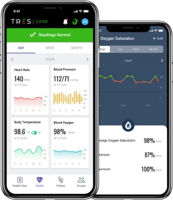 Smartphone displaying multiple health monitoring apps with vital signs and fitness tracking