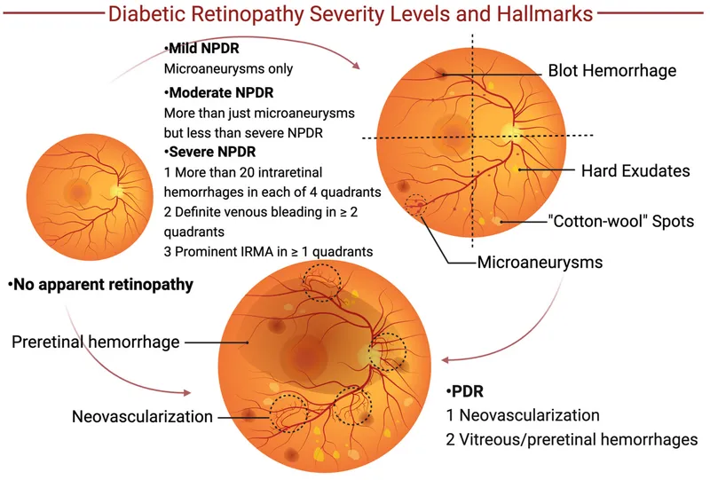 Composite fundus image showing classic diabetic retinopathy findings