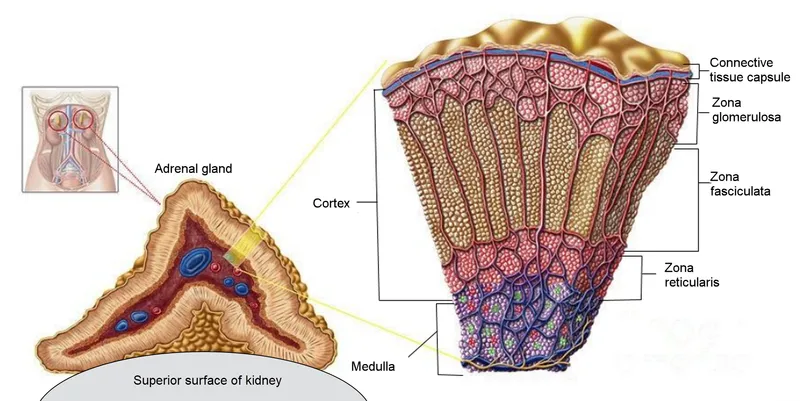 Cross-sectional anatomy of adrenal gland showing cortical zones