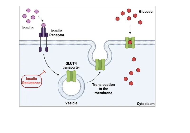 Diagram showing insulin signaling pathway and glucose uptake mechanisms