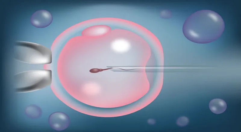 Microscopic image of ICSI procedure showing sperm injection into oocyte