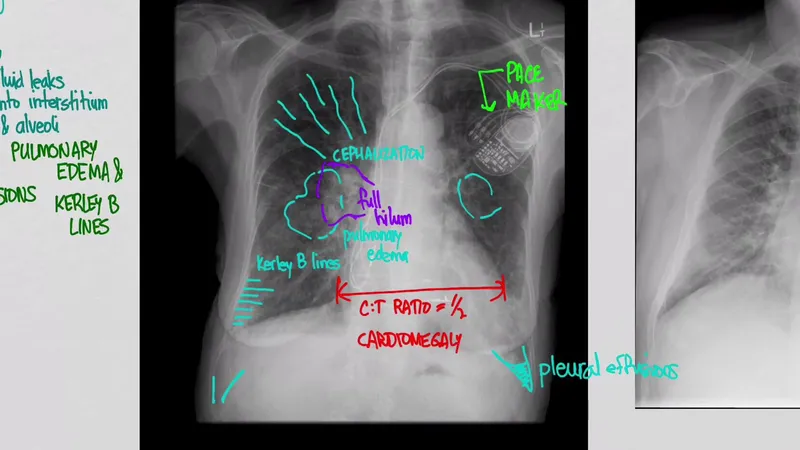 Chest X-ray showing pulmonary edema with Kerley B lines and cardiomegaly