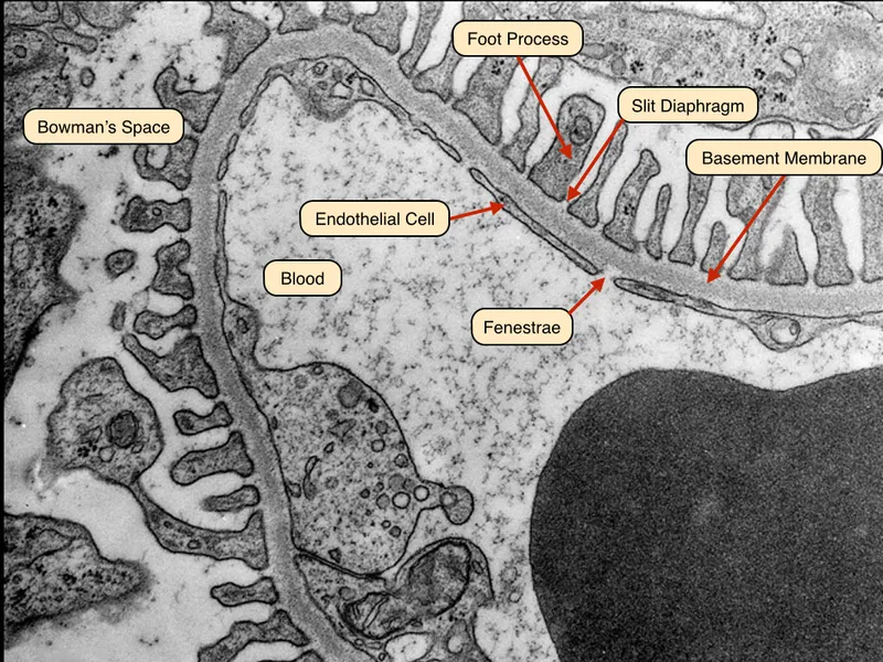 Cross-sectional view of glomerular filtration barrier showing three distinct layers