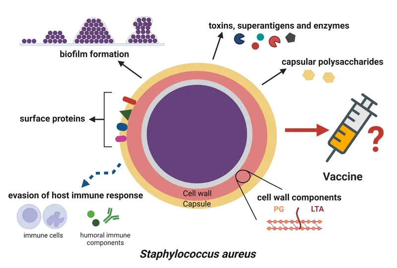 Staphylococcus aureus virulence factors diagram showing toxins and enzymes