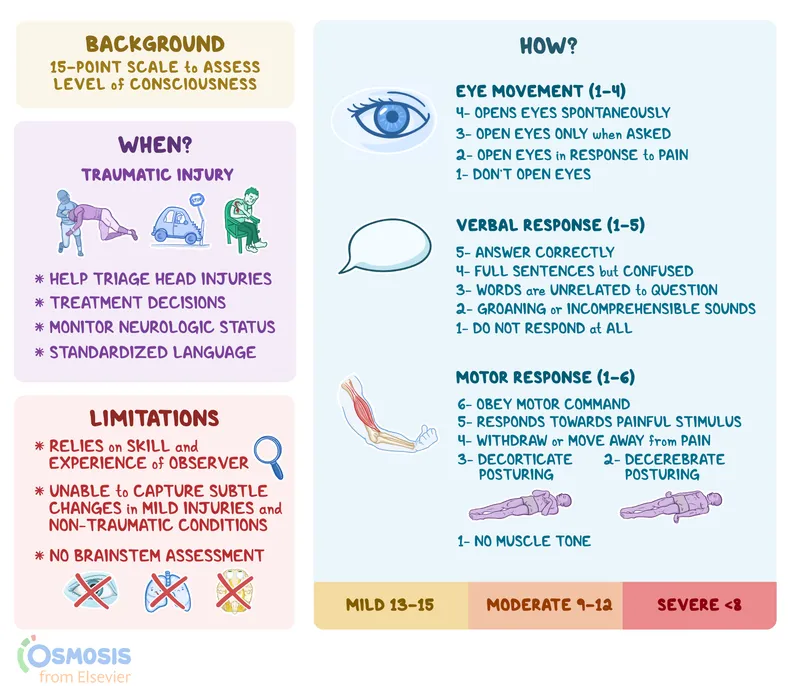 Glasgow Coma Scale assessment chart and scoring system