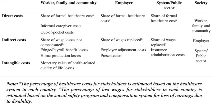 Economic burden of disease measurement framework and cost categories