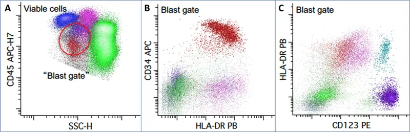 Flow cytometry dot plot showing CD34 vs CD45 expression patterns
