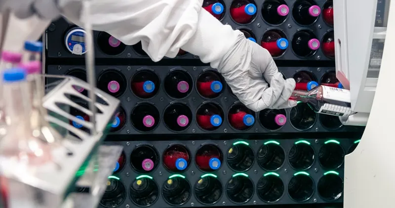 Laboratory technician examining blood culture bottles in automated system