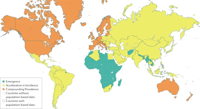 World map showing IBD incidence rates across different geographic regions