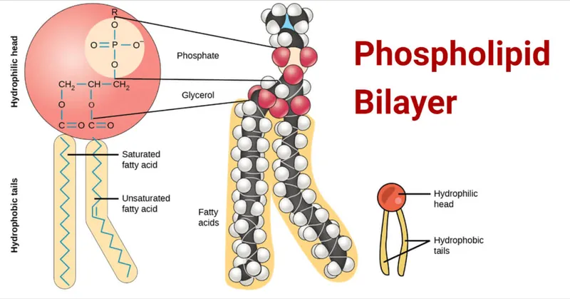 Molecular structure diagram of phosphatidylcholine showing hydrophilic head and hydrophobic tails