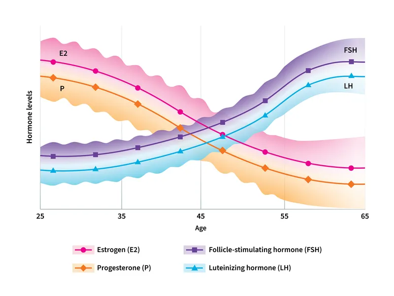 Hormonal fluctuations during perimenopause showing erratic estradiol and rising FSH